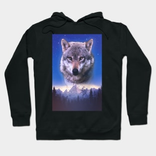 Cosmic Wolf Space Mountain Dog Wilderness Glowing Retro Vintage 80's Vibe Hoodie